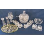 Crystal lidded punch bowl with silver plate ladle and 6 cups, sugar and cream jug on dish, German
