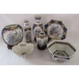 7 piece set of blue and gold Oriental ware with peacock design some with stands