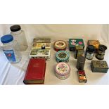 Selection of various tins including Novel Chocolate biscuits, Bournville Cocoa, Quality Street,