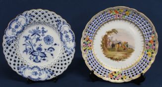 Meissen onion pattern ribbon plate and Dresden ribbon plate with hand painted central scene 22cm