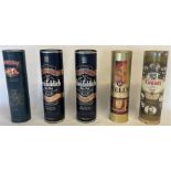 5 tinned bottles of whisky, including Drumguish single Highland malt 70cl, Glenfiddich pure single