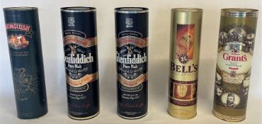 5 tinned bottles of whisky, including Drumguish single Highland malt 70cl, Glenfiddich pure single