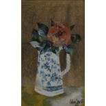 Small early (1965) Colin Carr still life of a rose in a jug in mixed media. Frame size 35cm by 23cm