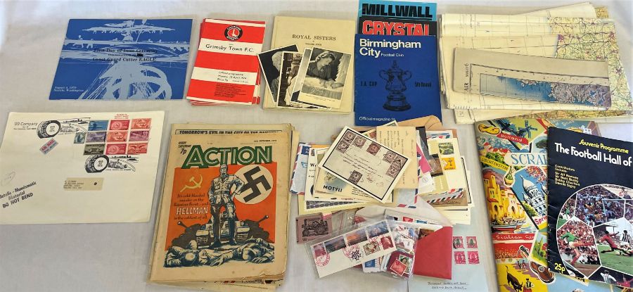 Set of collectables including stamps, maps, postcards including 20th century, football programs