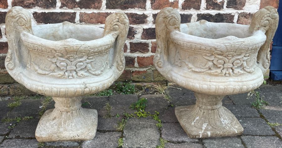 Pair of large concrete decorative two handled garden urns