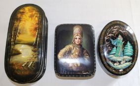 3 Russian lacquered boxes with decorative scenes to lids (largest 16.5cm x 8cm)