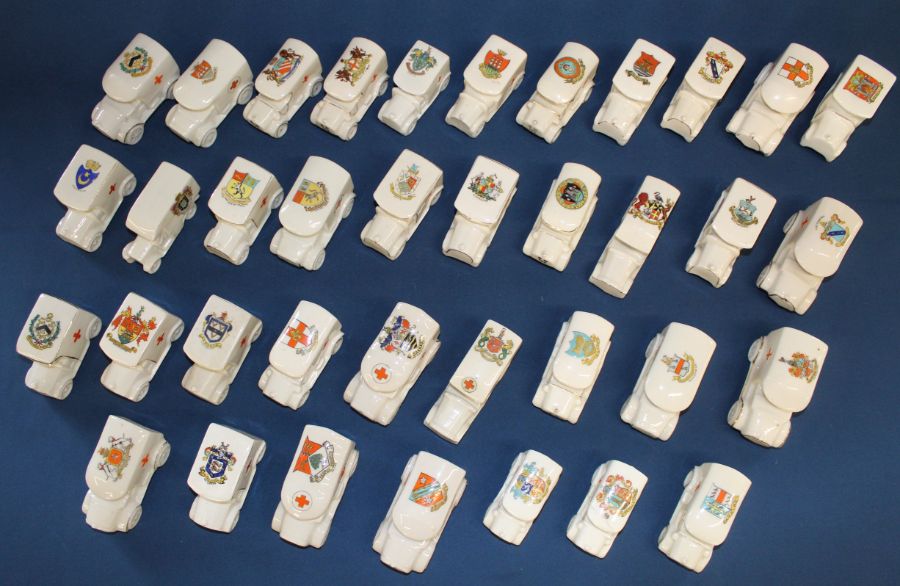 37 crested china ambulances including Arcadian, Clifton, Shelley, Triood, Coronet Ware, Waterfall