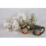 Aynsley Somerset vases and jug, Royal Doulton 'Town Crier' and 'Rip Van Winkle' miniature