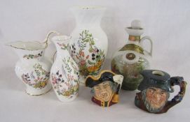 Aynsley Somerset vases and jug, Royal Doulton 'Town Crier' and 'Rip Van Winkle' miniature