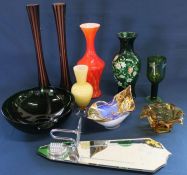 Selection of coloured glass including pair of Eiffel Tower vases, amber glass bowl, mirror back