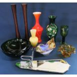 Selection of coloured glass including pair of Eiffel Tower vases, amber glass bowl, mirror back
