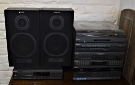 Sony stack system comprising turn table, radio, twin case cassette deck, stereo receiver, dual D/A