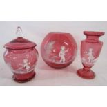 3 pieces of Mary Gregory cranberry glass