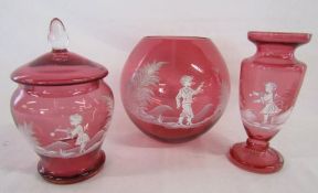 3 pieces of Mary Gregory cranberry glass