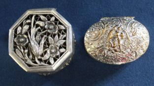 Chinese silver octagonal vinaigrette with bird and flower decoration and Continental vinaigrette