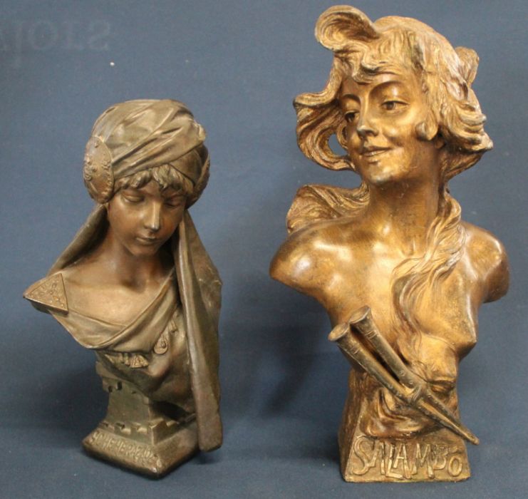 Art Nouveau style bronzed metal bust entitled Scheherazade after E Villanis 25cm high & similar bust