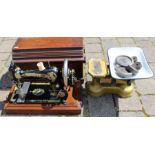 Singer sewing machine (with instructions) and set of scales and weights