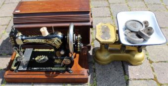 Singer sewing machine (with instructions) and set of scales and weights