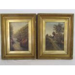 Pair of framed oil paintings depicting river and country lane on G Rowney canvas, bearing label