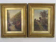 Pair of framed oil paintings depicting river and country lane on G Rowney canvas, bearing label