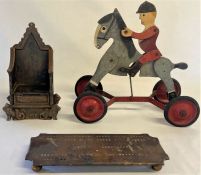 Harper Coronation 1953 throne money box (missing bottom), a child's pull along horse toy and a