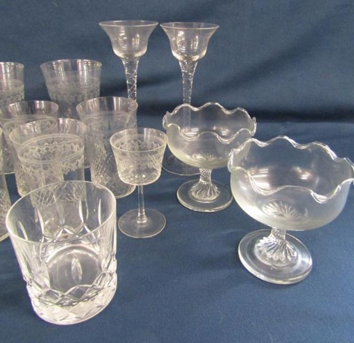Collection of glassware includes tall twisted stem glasses, etched drinking glasses, stemmed - Image 4 of 7