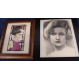 Framed pencil portrait of Joan Bennett by Andrew Fry 2010 & Art Deco style realist portrait in