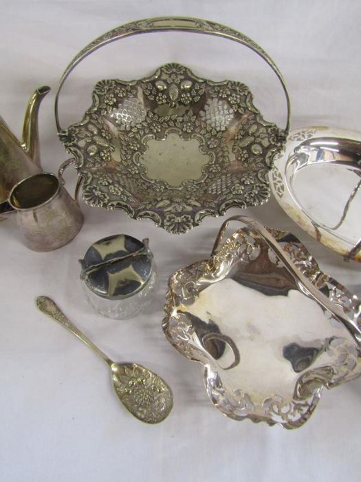 Collection of silver plate handled dishes, tea set, sugar bowl with tongs in lid and a decorated - Image 3 of 5