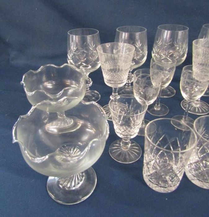 Collection of glassware includes tall twisted stem glasses, etched drinking glasses, stemmed - Image 2 of 7