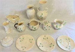 Selection of Belleek porcelain with three leaf clover design, including sugar bowl, milk jug,