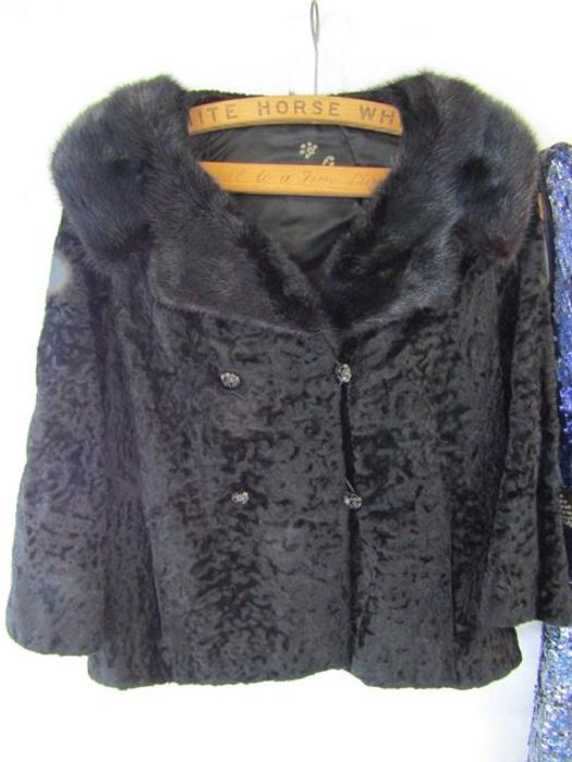 Fur jacket, Llama wool coat and sequin flapper dress with White Horse Whisky coat hangers - Image 2 of 6