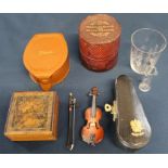 Miniature Austrian violin & bow, leather stud box, medicine glass & minim measure in leather case