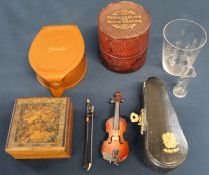 Miniature Austrian violin & bow, leather stud box, medicine glass & minim measure in leather case