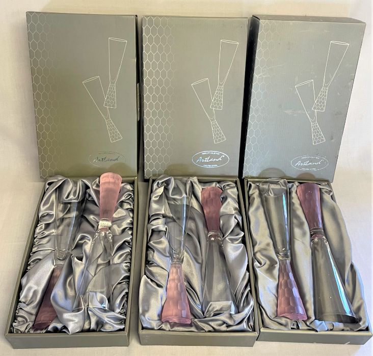 3 boxed sets of pink Artland Prescott collection lead-free crystal champagne flutes