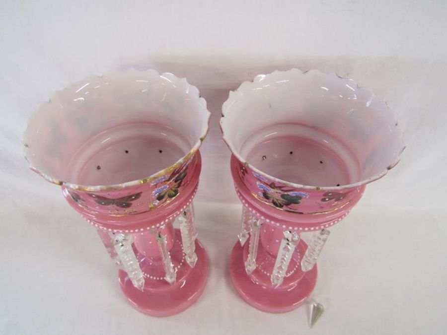 Pair of pink glass lustres painted with birds and butterflies - approx. 37cm tall - Image 2 of 5