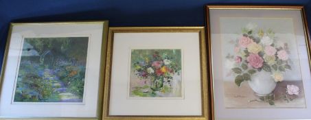 Lincolnshire artists - 3 works: framed pastel depicting vase of roses by Joan Hargreaves and