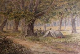 Gilt framed 19th century English school watercolour depicting gypsy encampment 70cm x 52cm
