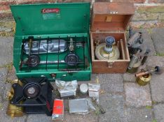 Colemans camping stove & 2 vintage stoves, 3 blow torches & some small fuel cans