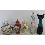 Blue Mountain Pottery cat, Italian cats in basket figurine, Limoges lidded pot, Aynsley Queen
