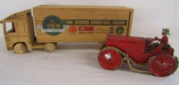 Triang clockwork tin tractor No2 and 'The Morris Furniture Group' wooden lorry