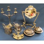 Art Nouveau style metal framed mirror and a selection of silver plate including candelabra, muffin