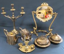 Art Nouveau style metal framed mirror and a selection of silver plate including candelabra, muffin