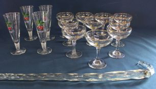 10 Babycham glasses, 4 Cherry B glasses & clear glass walking cane 114cm long