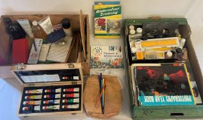 2 boxes of art supplies, including acrylic paints, sketching pencils, art books, etc and easel