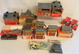 Hornby trackside buildings, including water tower, engine shed etc, some in original boxes,  Riko