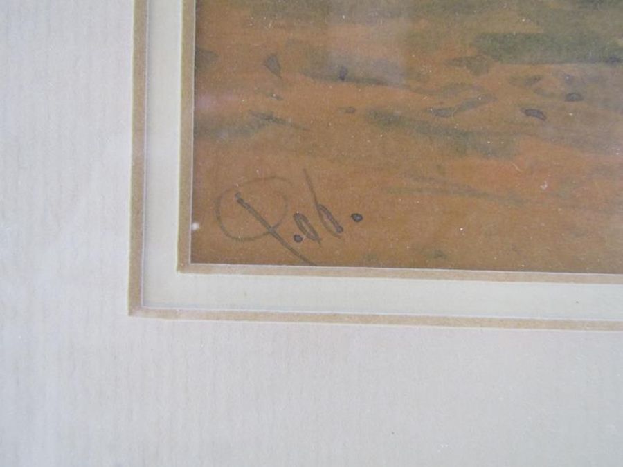 Framed signed watercolour depicting person walking by a river with mountains in view and a framed - Image 4 of 5