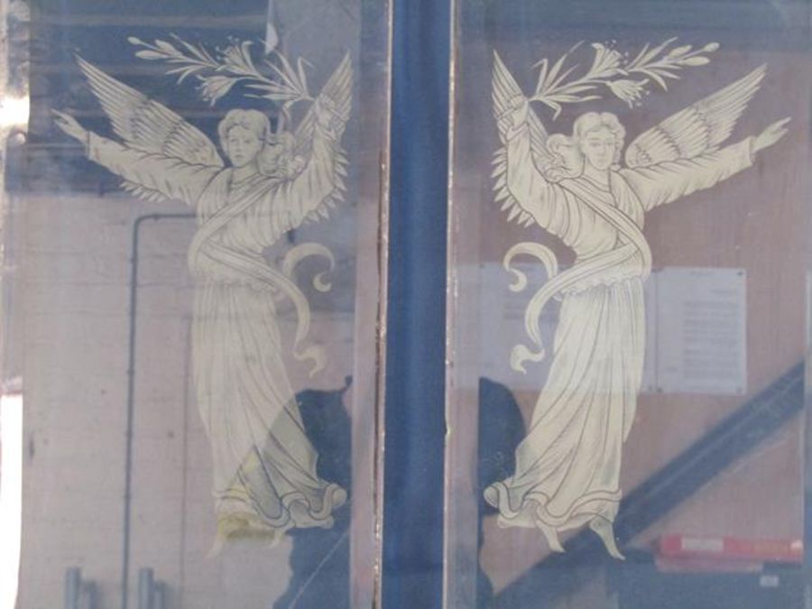 2 glass panels removed from hearse with angel designs - approx. 75.5cm x 30.5cm