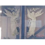 2 glass panels removed from hearse with angel designs - approx. 75.5cm x 30.5cm