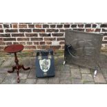 Small occasional table, painted coal scuttle and fire screen