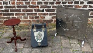 Small occasional table, painted coal scuttle and fire screen